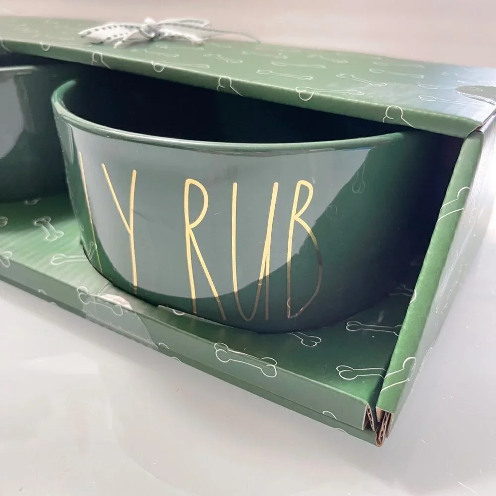 Rae Dunn New Green Peace Love & Belly Rub Pet Food & Water Bowls 2 Piece Set